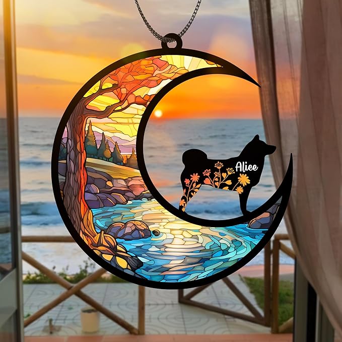Dog Memorial Suncatcher Personalized Name Breeds Pet Ornament Window Car Hanging Sympathy Gift for Loss of Pet Bereavement Remembrance Gifts for Dog Lovers Outdoor Decor
