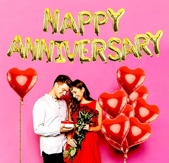Happy Anniversary Balloons - 16 Inch Gold Anniversary Letters Banner & 18 Inch Heart Balloons, Perfect for Room Wedding or Party Decor