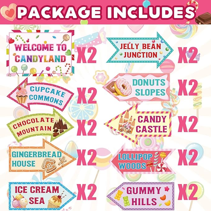 20 Pieces Candyland Decorations Welcome to Candyland Signs Candy Party Decorations for Kids Girls Candy Land Themed Birthday Party Halloween Christmas Trunk or Treat Car Decorations