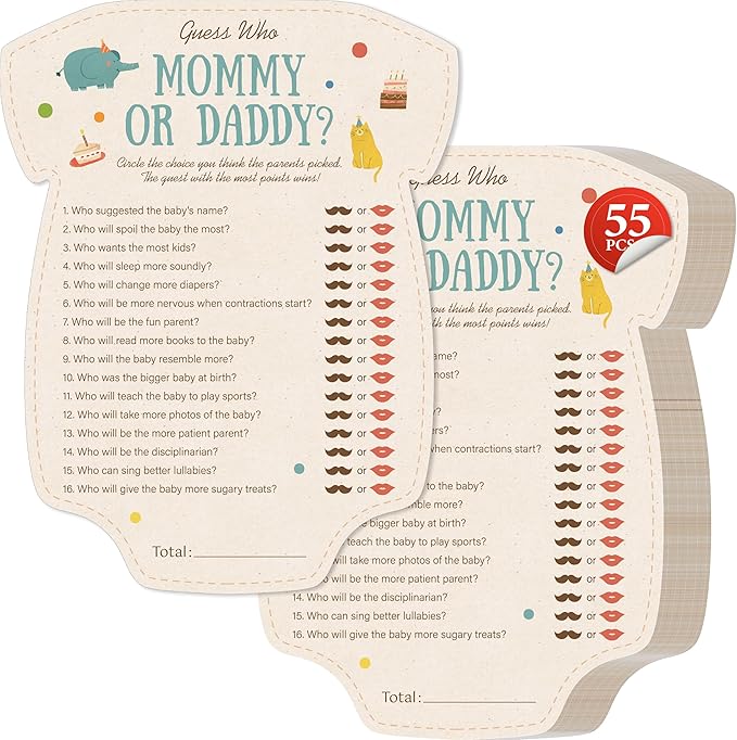 55PCS Baby Shower Games, Guess Who Mommy or Daddy Game Cards Fun Baby Shower Party Supplies-Gender Neutral for Girls or Boys