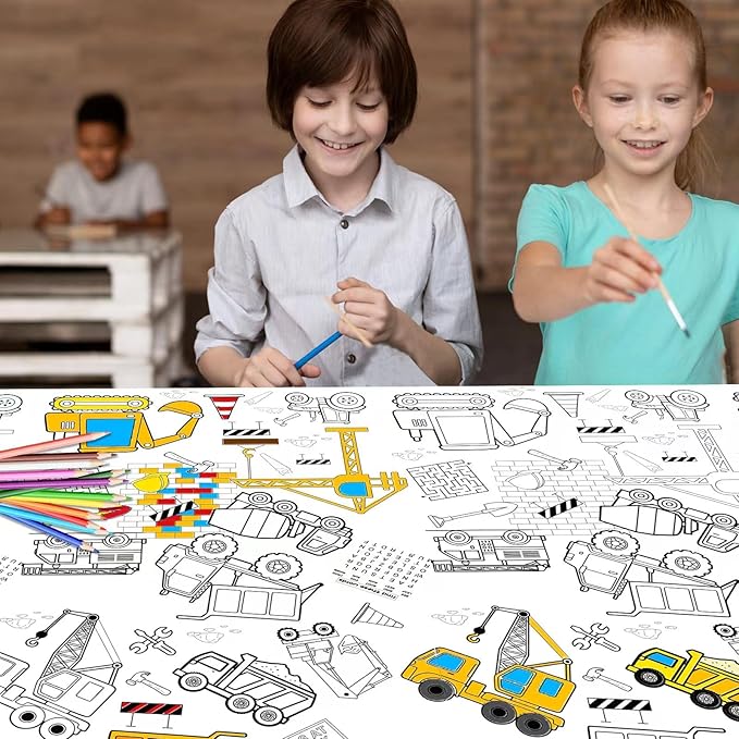 1 Pack Construction Coloring Table Cloth for Kids - Giant Construction Theme Color-in Paper Poster, Dump Truck Painting Activity Tablecloth for Construction Birthday Party Supplies Favors, 54 x 108 In
