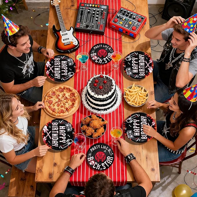 96 Pcs Rock and Roll Birthday Party Decorations Guitar Music Rock Plates and Napkins Tableware Favors for Men Boys Musical Rock N Roll Birthday Party Baby Shower Party Supplies, Serves 24
