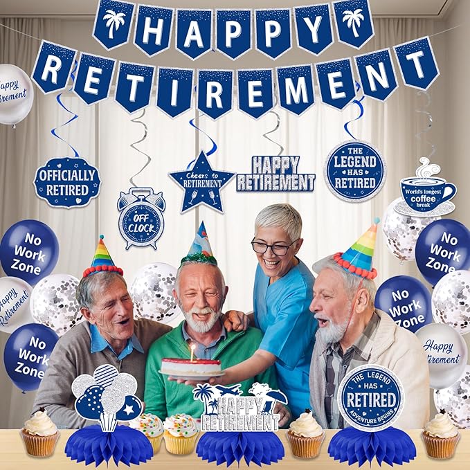 25Pcs Retirement Party Decorations for Men Women, Blue Silver Happy Retirement Banner Hanging Swirl Balloons Honeycomb Centerpiece Party Supplies Set