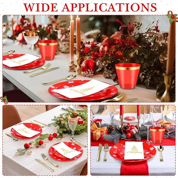 Maxcheck 175 Pcs Christmas Plastic Dinnerware Merry Christmas Plate Set 25 Dinner Plate 25 Dessert Plate 25 Napkin 25 Fork 25 Knives 25 Spoon 25 Cup for Xmas Holiday Party Supplies Serve for 25