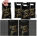 Whaline 50Pcs Happy New Year Party Favor Bag Plastic Treat Bags with Handles Black Gold Star Candy Goodie Bags for Christmas New Year's Eve Snack Cookie Packing