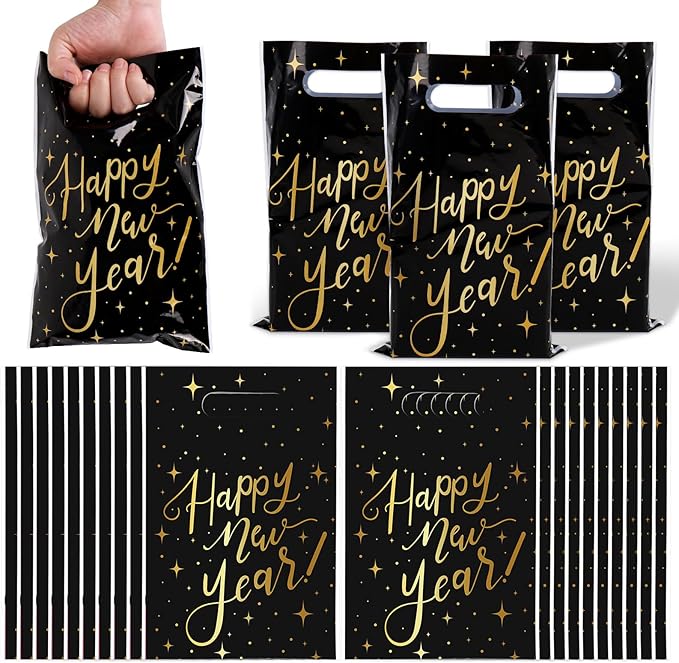 Whaline 50Pcs Happy New Year Party Favor Bag Plastic Treat Bags with Handles Black Gold Star Candy Goodie Bags for Christmas New Year's Eve Snack Cookie Packing