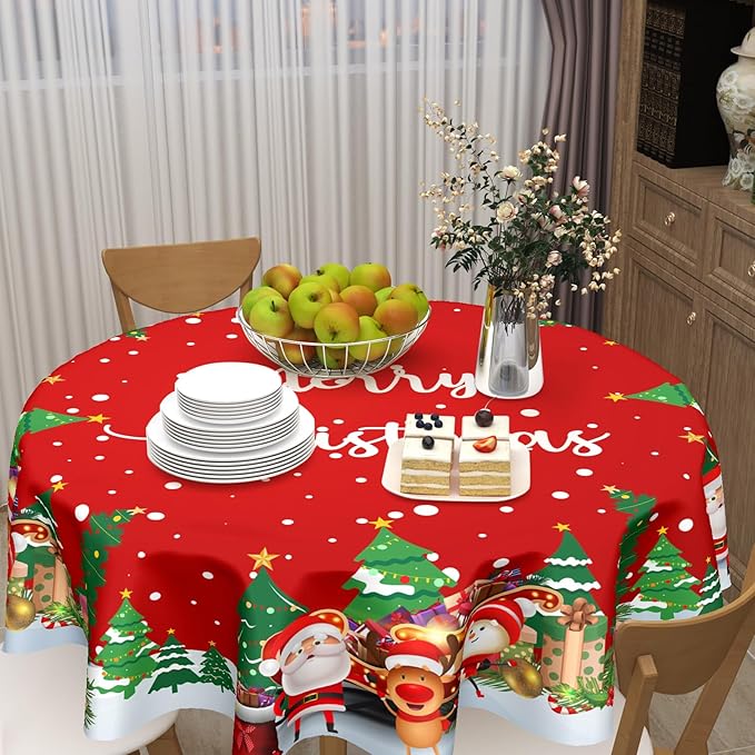 Merry Christmas Tablecloth Round 60 Inch Santa Snowman Tablecloth Reindeer Table Cloth Snowflakes Red Table Cloth for Holiday Party Outdoor Dining Room Home Christmas Decorations