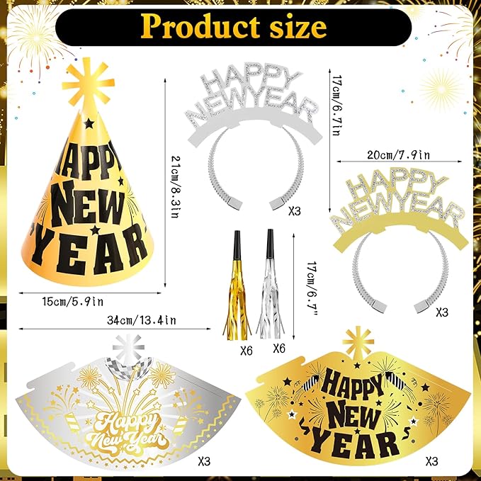 HOWAF 36 Pcs New Year Eve Party Supplies 2026, New Years Hats Headband Cone Hats Glitter Paper Eyeglasses Noise Makers White Gold New Years Decorations 2026 for NYE Party Favor Accessories