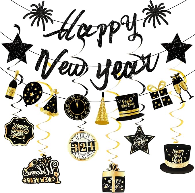 New Year Party Decorations 2026 New Years Eve Decorations Kit Black Gold Nye Decorations Happy New Year Banner New Years Eve Party Supplies 2026