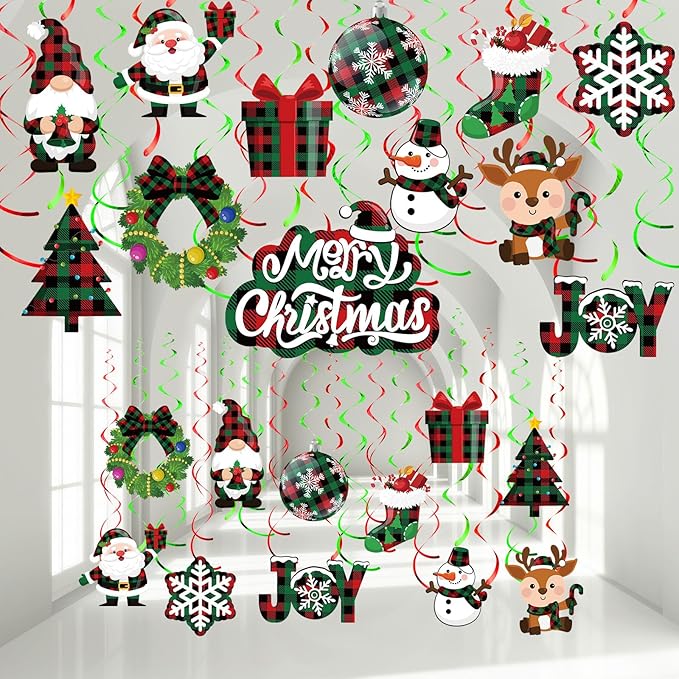 Sumind 30 Pcs Christmas Swirl Ceiling Hanging Decorations Set Xmas Holiday Snowman Elk Sign Hanging Foil Christmas Indoor Decorations for Ceiling Xmas Holiday Party Decor(Red, Green)