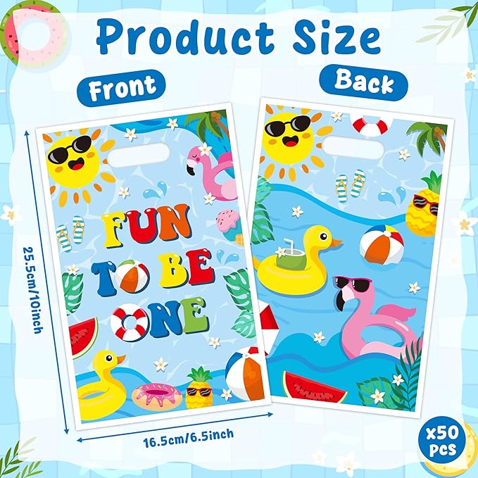 Summer Pool Party Favor Bag - 50Pcs Summer Fun to Be One Goodie Candy Treat Gift Bag Beach Ball First Birthday Theme Party Decoration for Kids Beach 1st Birthday Hawaiian Swimming Pool Events Supplies