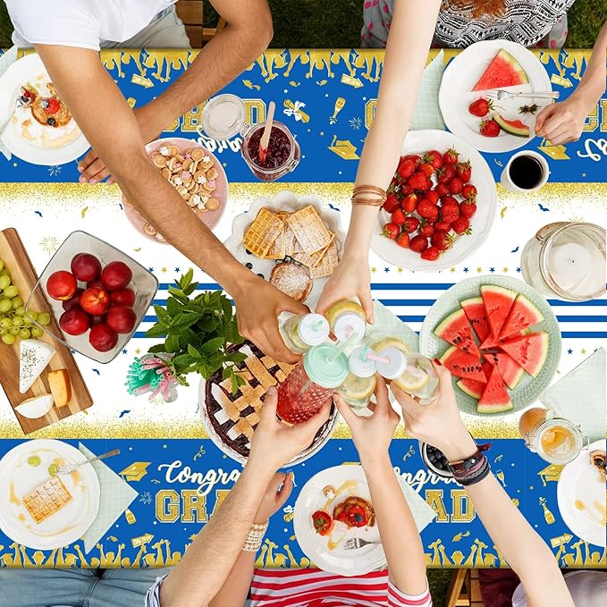 chiazllta Set of 3 Graduation Tablecloths Class of 2026 Congrats Grad Blue Graduation Party Tablecover Decorations Party Supplies Large Size Plastic 54"x108"(Blue & Gold)