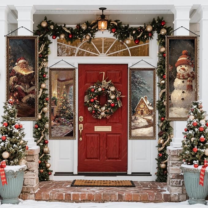 Panelee 4 Pcs Vintage Christmas Porch Banners Retro Snowman Santa Winter Rustic Xmas Tree Stretching Portraits Wall Decorations Christmas Porch Sign Backdrop for Xmas Indoor Outdoor Wall Hanging Decor