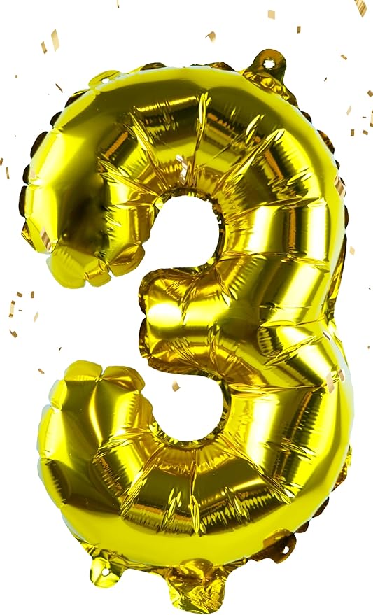 Gold Number “3”Balloons 16 Inch, Mylar Foil Custom Single Letter, Hanging, Reusable for girls boys adults Birthday,Surprise,Wedding, Celebration, Sports Party Event Decoration Supplies