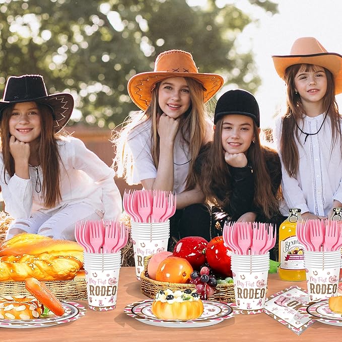 120pcs My First Rodeo Party Supplies Western Cowgirl Plates Napkins 1st Rodeo Tableware Set Paper Cups Pink Forks Western Birthday Party Decorations for Wild West Cowgirl Celebrations 24 Guests