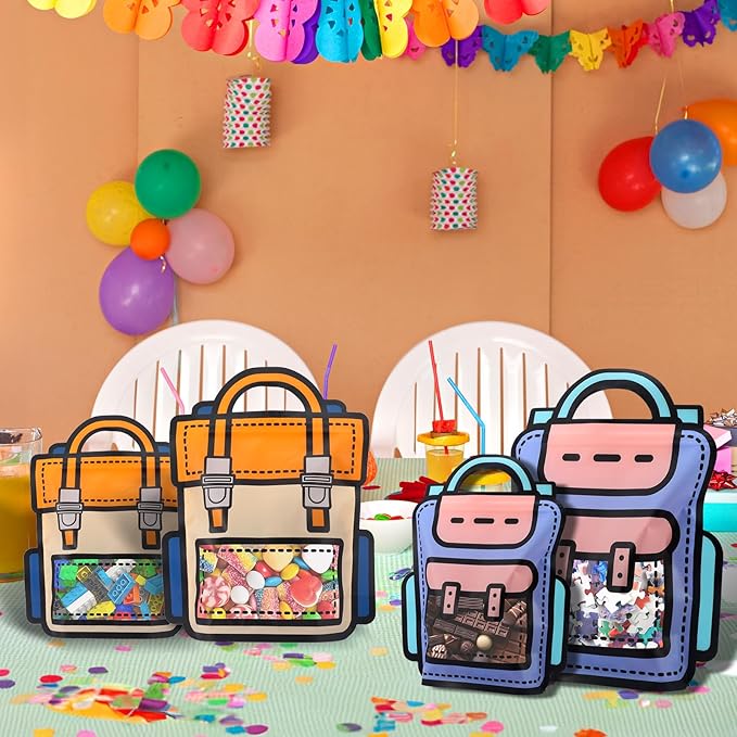 EONSUI 30PCS Plastic Cartoon Backpack Shaped Goodies Bags with Handles for Kids Birthday, Back to School Supplies, Baby Shower, Party, Wedding, Reusable Bulk Gift Wrapper for Candy, Snacks, Chocolate