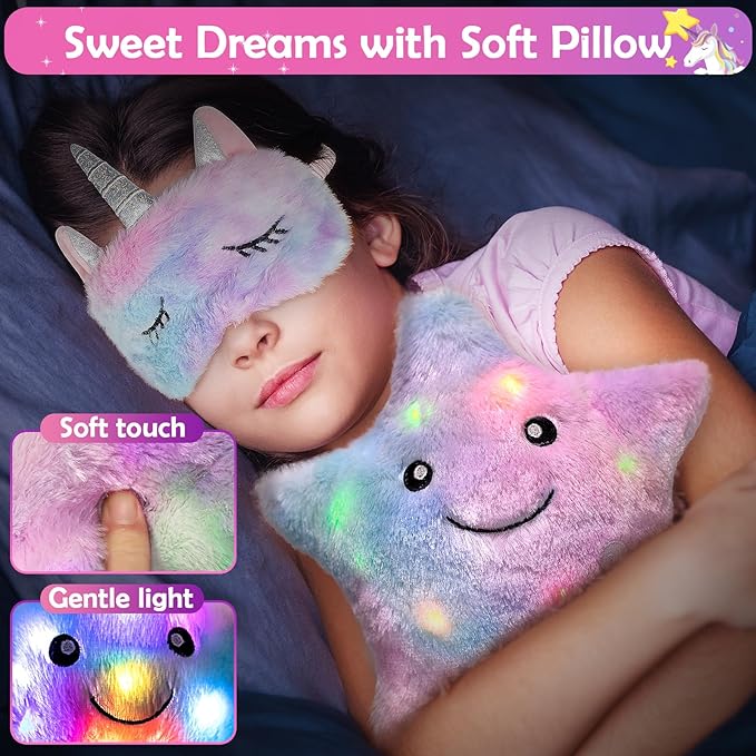 Unicorns Gifts for Girls 5 6 7 8 9 10+ Years Old, Kids Toys Set for Teens Girls Birthday Gifts Christmas, Unicorn Toys with Light Up Soft Plush Star Pillow, Diary Notebook, Headband, Water Bottle