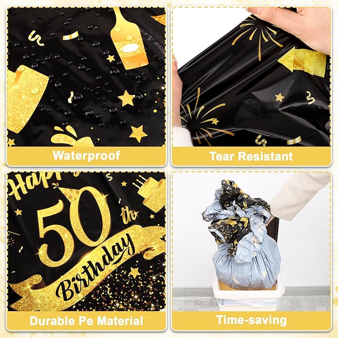 3 Pack 50th Birthday Plastic Tablecloth, 54x108 Inch Black Gold Disposable Rectangle Table Cover Waterproof Table Cloth for Birthday 50 Anniversary Party Supplies