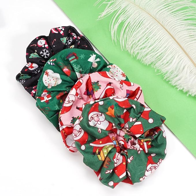 Christmas Hair Scrunchies for Women Cute Elastic Scrunchy Ponytail Holder Hair Ties Green Pink Santa Claus Snowman Bell Christmas Hat Snowflake Xmas Hair Accessories Christams Gifts 4PCS