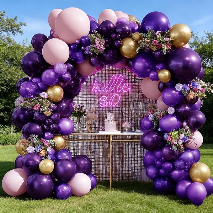 Purple and Gold Balloons Double Stuffed Royal Purple Pink Balloon Garland Kit with Artificial Flowers Balloon Arch for Sweet 16, Bridal Shower and Birthday Decoration