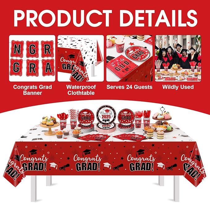 Graduation Party Supplies Congrats Grad Decorations Class of 2025, Disposable Plates and Napkins with Banner Tablecloth Cups Dinnerware Sets for Graduation Decor, Serves 24 (Red and White)