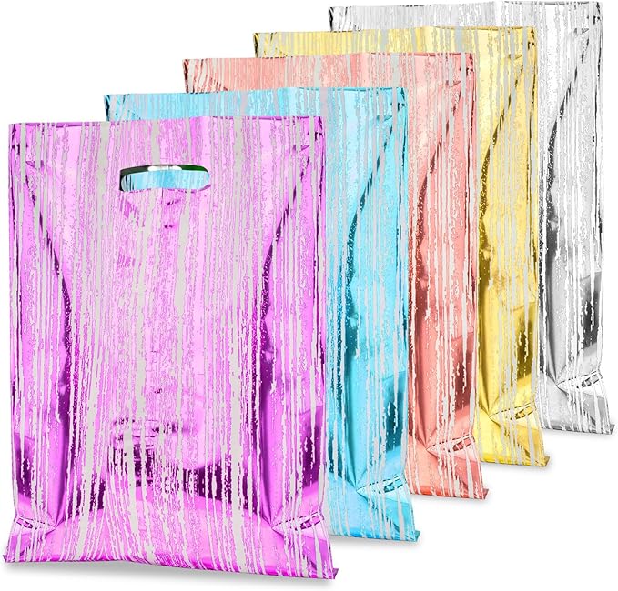 50 Pcs Birthday Party Favor Bags, Stripe Goodie Candy Bags with Handles for Kids Baby Girls & Boys, Party Treat Plastic Loot Gift Bag Bulk for Baby Showers Weeding