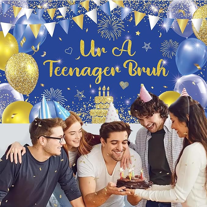 Blue Gold Ur A Teenager Bruh Banner Backdrop Photography Background Hanging 13th Happy Birthday Party Decoration for Bro I'm 13 Year Old Teen Bday Accessories Supplies 72.8 * 43.3in