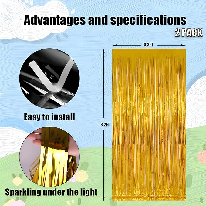 Valentines Day Keyali 2 Pack 3.3 * 8.3 ft Foil Curtain Metallic Tinsel Fringe Curtains Photo Booth Props Backdrop for Birthday Wedding Engagement Baby Shower Christmas Holiday Celebration Partyl,Gold