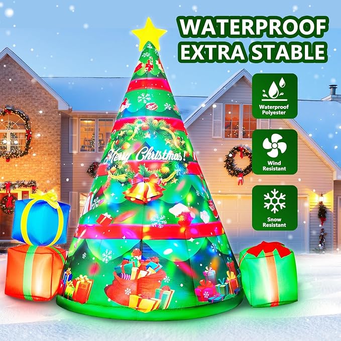 7FT Christmas Inflatables Tree Built-in 360° Rotating Colorful LEDs & Lighted Star, Christmas Decoration Outdoor Blow up Yard Decorations with 3 Gift Boxes for Xmas Party Holiday Indoor