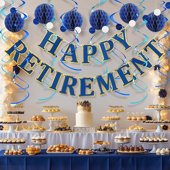 Retirement Party Decorations Kit for Women Men - 16-Piece Elegant Blue Set with Pre-Strung Banner, Honeycomb Balls, Swirls & Garland | Instant Setup Party Decor | Retirement Gifts & Supplies