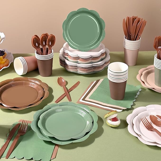 350 Pcs Woodland Baby Shower Party Supplies Set - Sage Green and Brown Paper Plates and Napkins Set Include Scalloped Paper Plate Napkin Cup Spoon Fork Knife for Safari Jungle Baby Shower Decorations