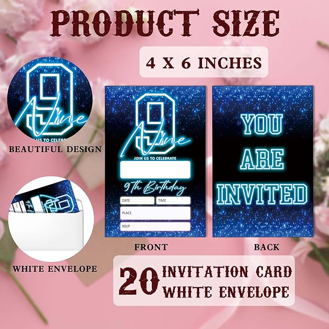 SIXEIGHT Blue 9th Birthday Party Invitations for Kids, Glow Neon 9th Birthday Invitations for Boys Girls, 20 Pack Blue Invites with Envelopes, Glow Neon Party Decorations Supplies, 4"x6"-C09