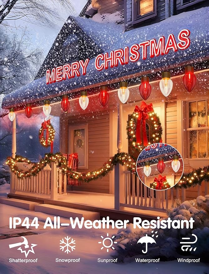 16FT Outdoor Christmas Decorations,Jumbo Red and White Giant Christmas Lights Outdoor with 10 LED Clear Red and White Bulbs for Tree Holiday Home Roof Yard Garden Decorations