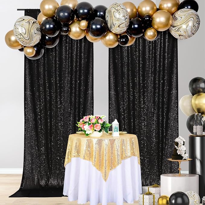 PartyDelight Black Sequin Backdrop 5x10ft 2 Panels - High Density 3mm Shimmer Sequin Background with 4-Inch Rod Pocket, Sparkly Photography Curtain for Prom, Gala, Stage & Event Decor