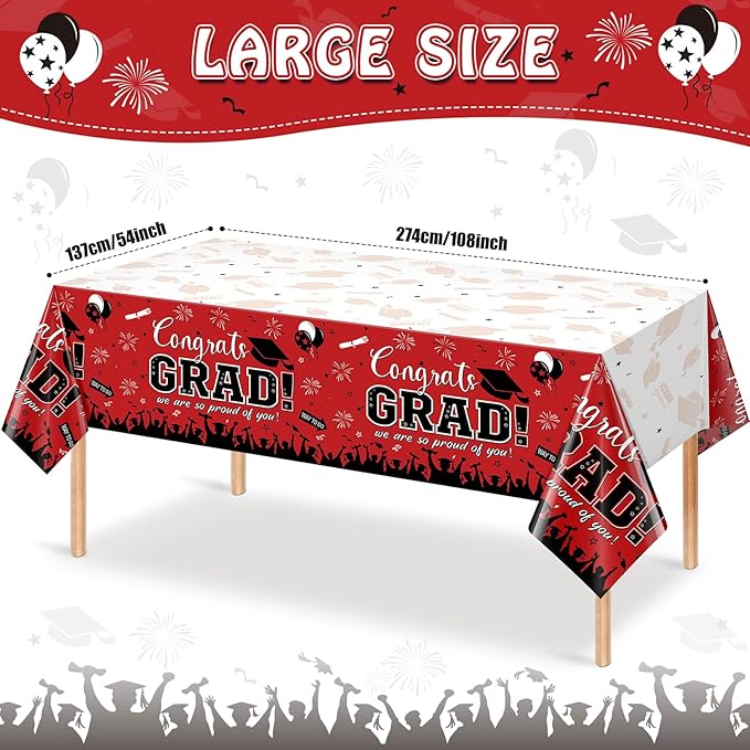 12 Pack Graduation Tablecloth Party Decorations, Class of 2026 Congrats Grad Plastic Tablecover Party Supplies, Red Rectangle Graduation Table Decorations for College High School Party, 54 x 108 Inch