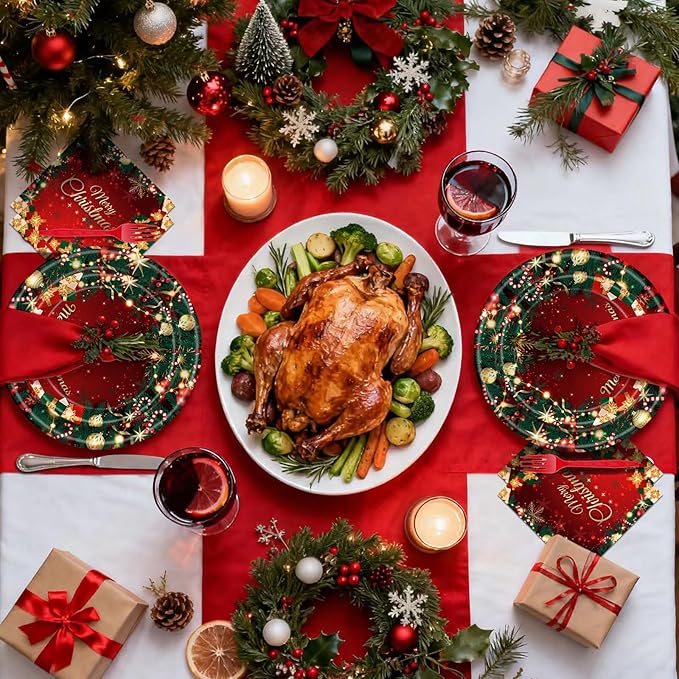 100 Pcs Merry Christmas Party Supplies - Serves 25, Red Green Holiday Disposable Tableware, Includes Paper Plates, Napkins, and Plastic Forks for Xmas Dinner, Winter Celebrations, Seasonal Decorations