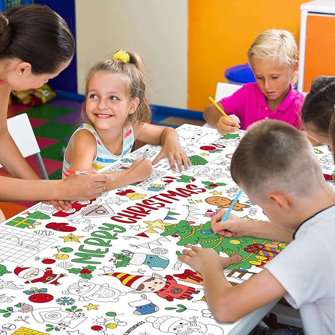 Giant Coloring Poster for Kids, 30x72 Inch Merry Christmas Large Coloring Tablecloth Banner, Color-in Activities Games for Kids School Classroom Home Party Supplies Decorations