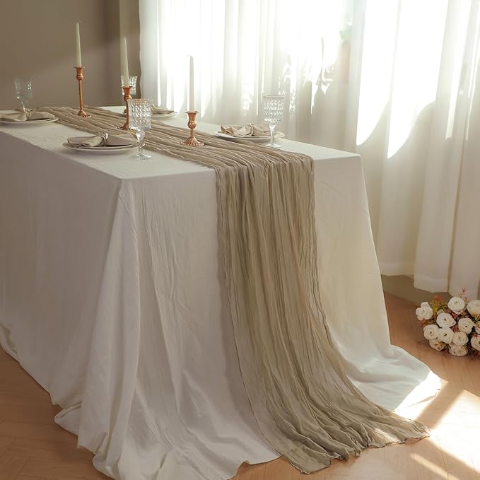Snowkingdom 6PCS Light Brown Christmas Cheesecloth Table Runner, 120 inch Long Tan Boho Gauze Sheer Runner for Wedding Baby Shower Birthday Xmas Holiday Party Table Decorations