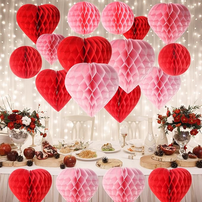 16 Pieces Valentine‘s Day Heart & Ball Tissue Paper Honeycomb Ball Love Decoration Pom Poms Pink Red Paper Heart Valentines Honeycomb for Valentine‘s Day Wedding Party Decors