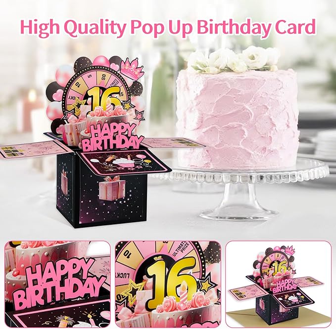 FaCraft Pop Up 16th Birthday Card - Handmade Happy Birthday Pop Up Greeting Cards Gift with Envelope and Blank Insert, Spinning Wheel Design, 16 Year Old Teens, Girls, Daughter
