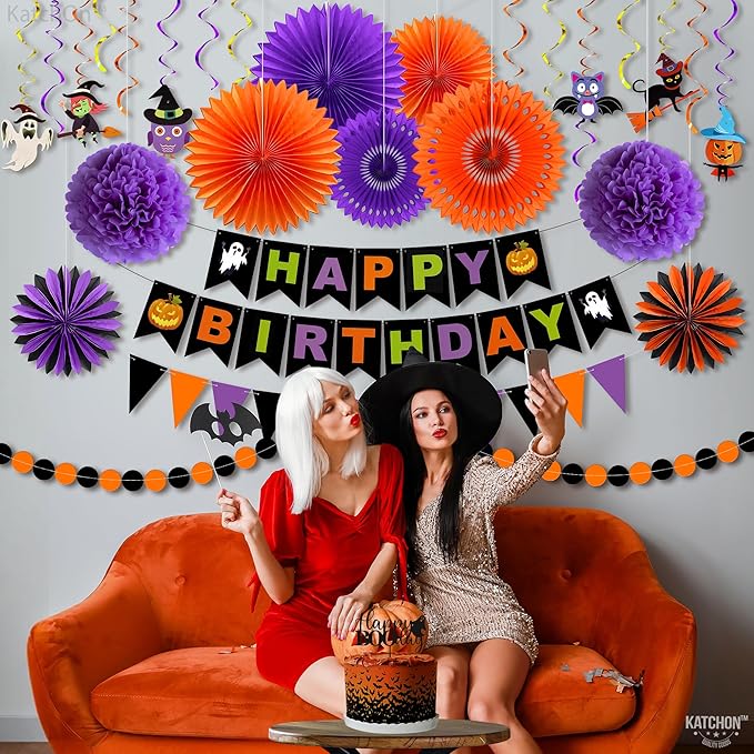 KatchOn, Halloween Birthday Party Decorations Set - Pack of 31 | Halloween Happy Birthday Banner, Honeycomb Balls, Paper Fans, Hanging Swirls Garland for Indoor Decor | Happy Brithday decorations