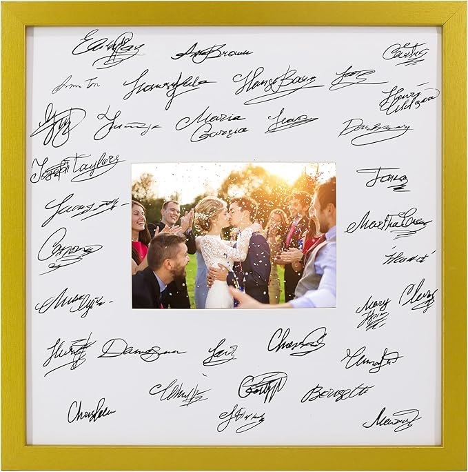 GraduatePro 14x14 Signature Picture Frame Board for 5x7 Photo with Signable Mat for Birthday Party Graduation Wedding Guest Book Gold