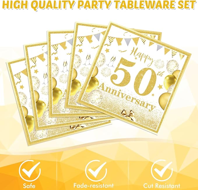 Gold Party Decorations 50th Party Tableware Set 1976 50th Theme Birthday Party Table Decoration Supplies Cheers to 50 Years Paper Plate Napkin Tablecloth for Men Women Fifty Years Old Anniversary