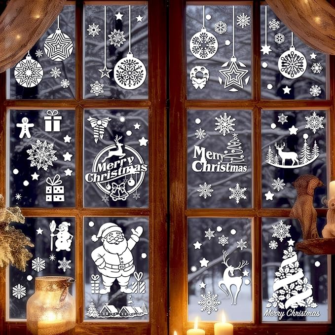 133 PCS Christmas Snowflake Window Clings Decoration, Christmas Window Stickers, Indoor Windows Decor, Holiday Decor, Xmas Party Decorations, Ornaments, Thanksgiving Party Décor, Winter Wonderland.