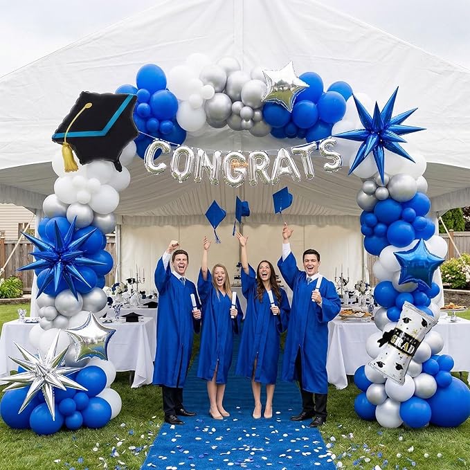 Royal blue Themed Graduation Balloon Garland Arch Kit with Foil caps diplomas congrats letters stars for class of 2026 Graduation party decorations Grad congratulations Prom party Grad ceremony decor