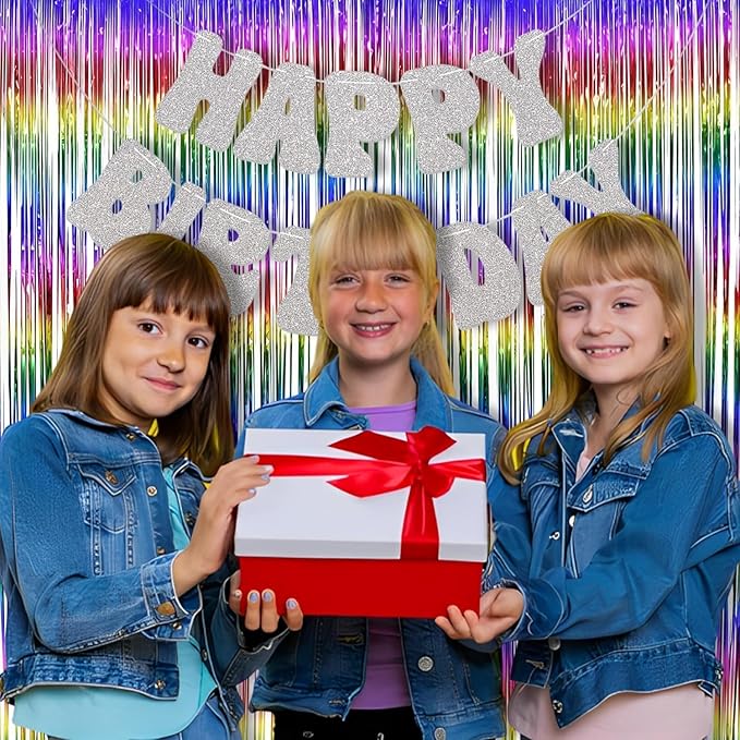 BRAVESHINE Tinsel Fringe Backdrop - 2 Pack Colorful Metallic Foil Curtain Streamers for Easter/80s/90s/Disco/Dance/Rainbow/Unicorn/Anniversary/Bridal/Engagement/Bachelorette/Birthday Party Decorations