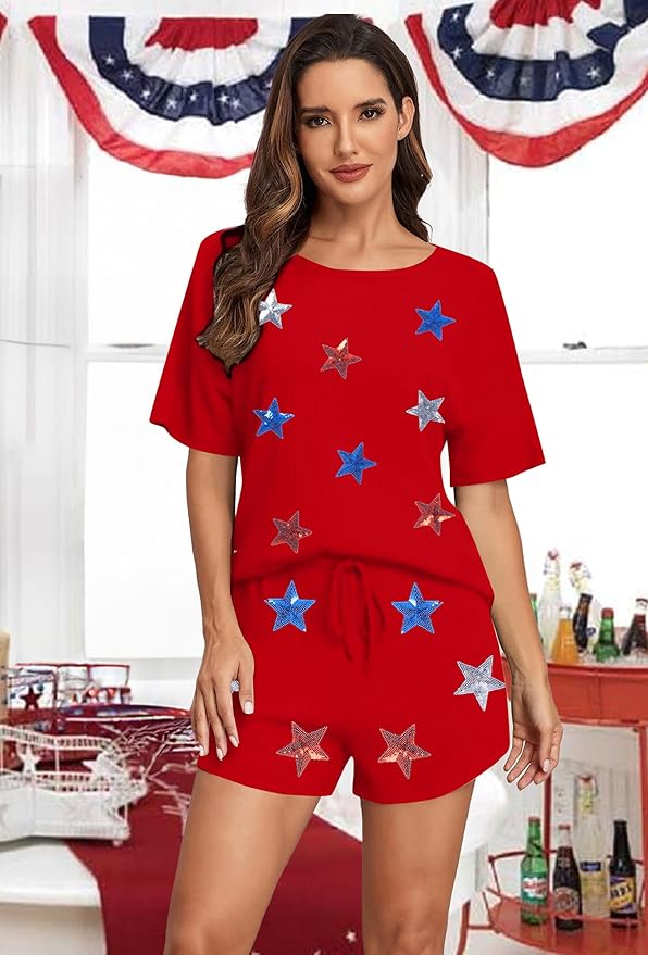 VILOVE 4th of July 2 Piece Sequin Outfits Women 250 Anniversary Usa Shirts and Short Sets Casual Patriotic Shirt Summer Set