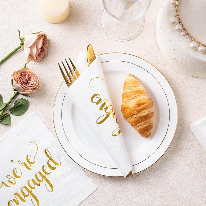 WRAPAHOLIC 50Pcs Gold We're Engaged Napkins - 3 Ply Disposable Paper Luncheon Napkin for Tableware Party Supplies - 6.5 x 6.5 In (Pack of 2)