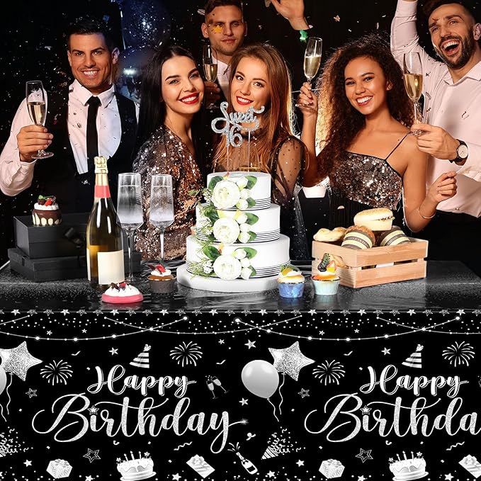Tudomro 3 Pcs Happy Birthday Tablecloths Happy Birthday Party Decorations Plastic Table Cover Rectangular Cloths for Women Men Baby Shower Party Supplies, 108 x 54 Inch (Black Silver)