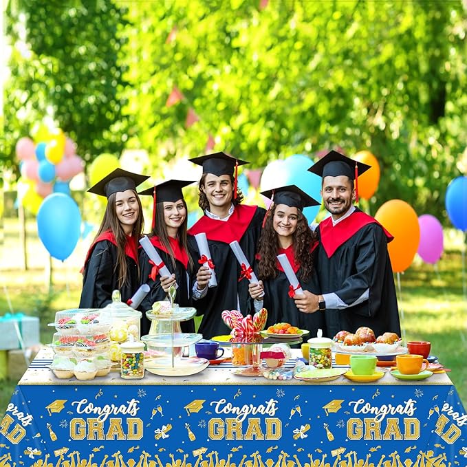 chiazllta Set of 3 Graduation Tablecloths Class of 2026 Congrats Grad Blue Graduation Party Tablecover Decorations Party Supplies Large Size Plastic 54"x108"(Blue & Gold)